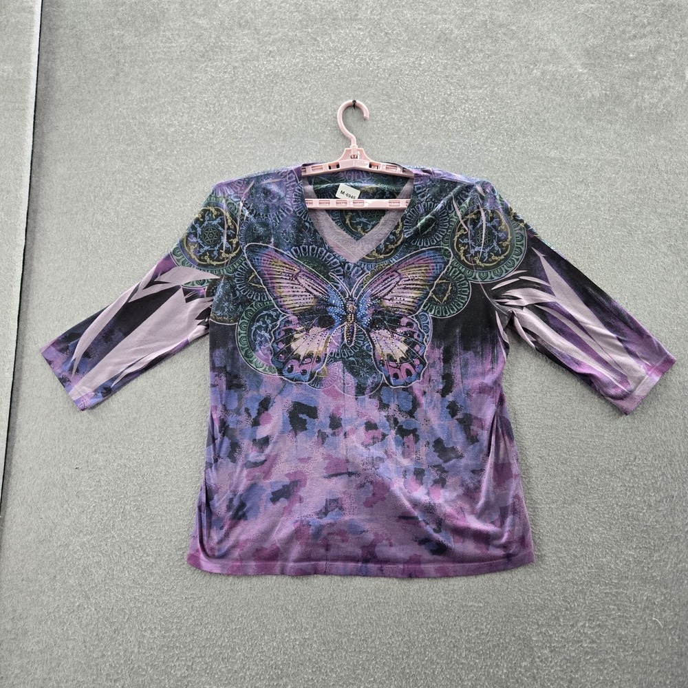Buttery Fly Women Blouse 18/20 Purple Graphic Print Embellished V-Neck